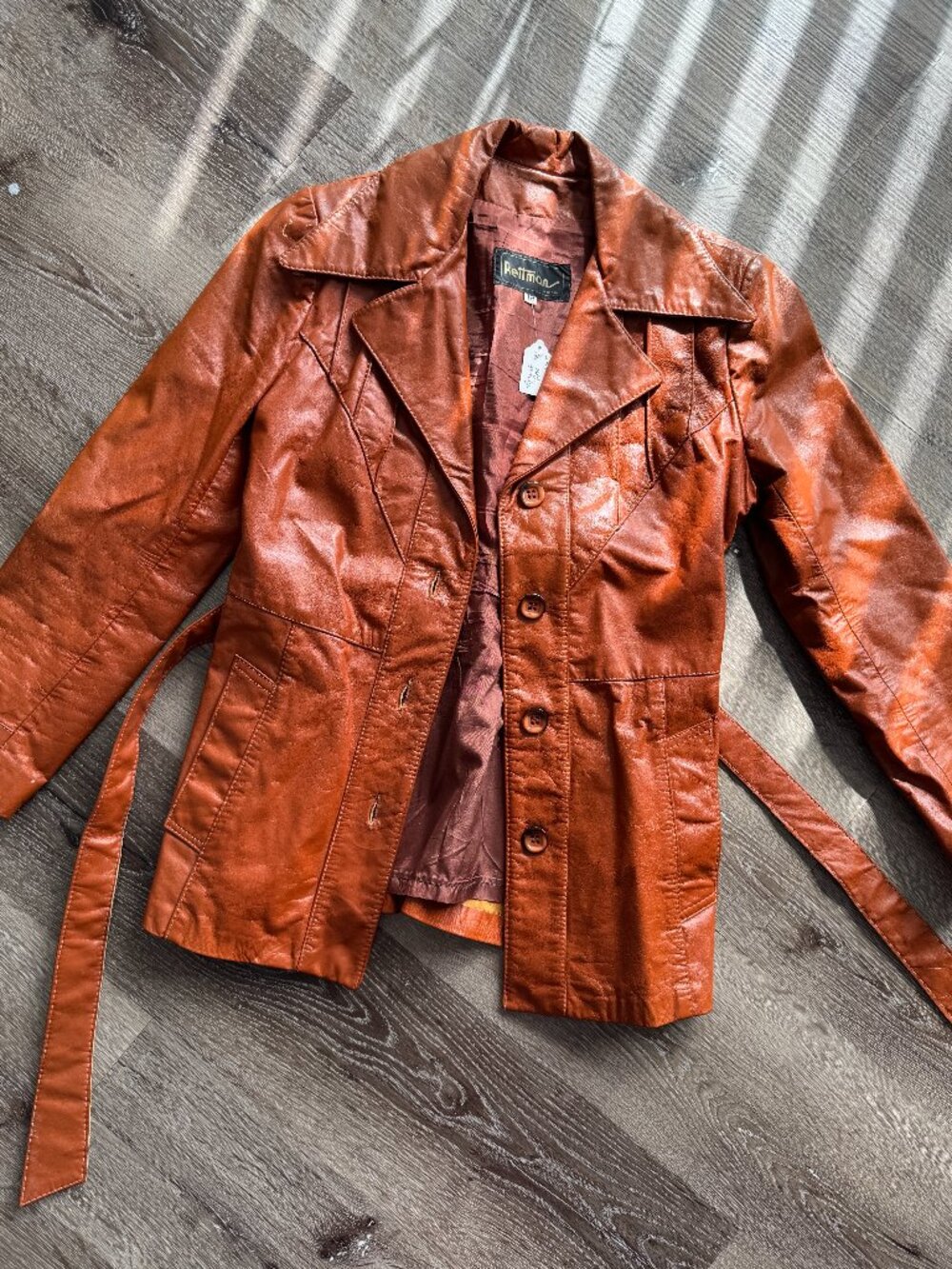 Vintage 1970s Reitmans Leather Jacket | Cognac Brown Western Boho Belted S - Picture 2 of 13